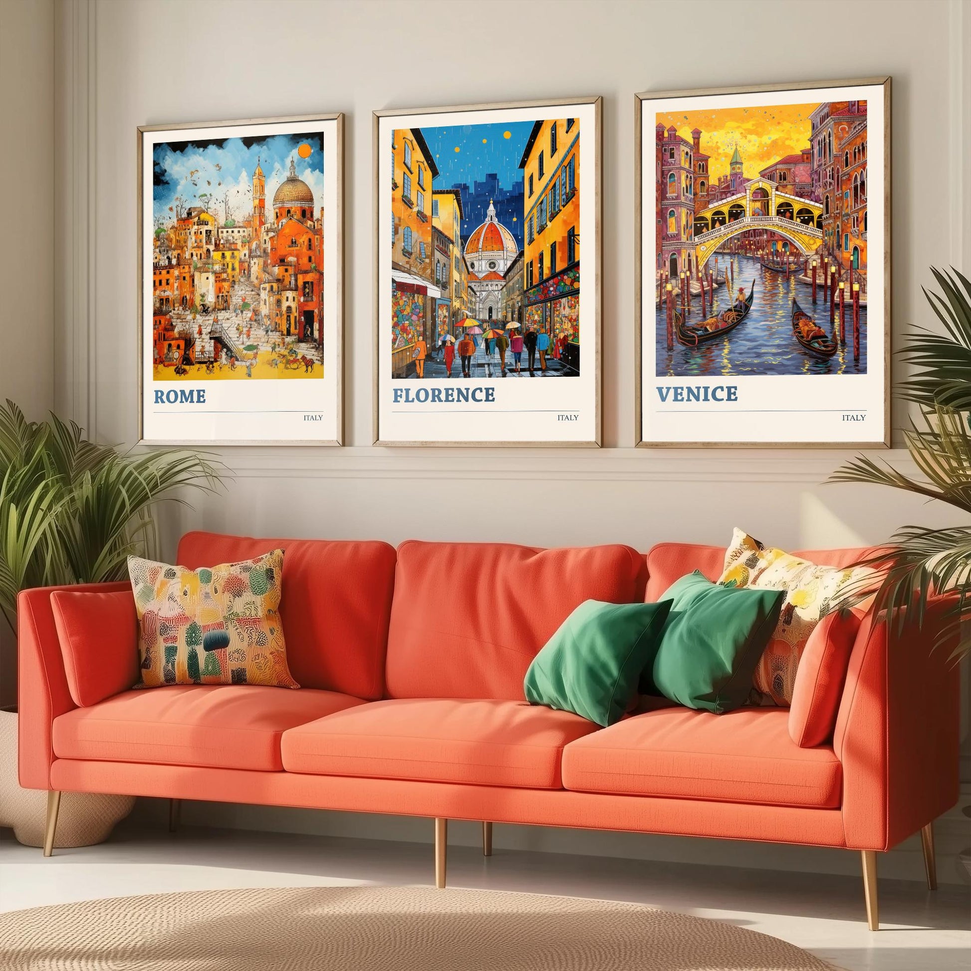 Italy Set of Three Travel Posters - Rome, Florence, Venice - Vibrant Art Print Painting Gift Italian Wall Art Cityscape