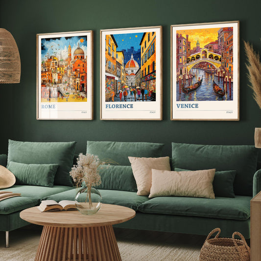 Italy Set of Three Travel Posters - Rome, Florence, Venice - Vibrant Art Print Painting Gift Italian Wall Art Cityscape