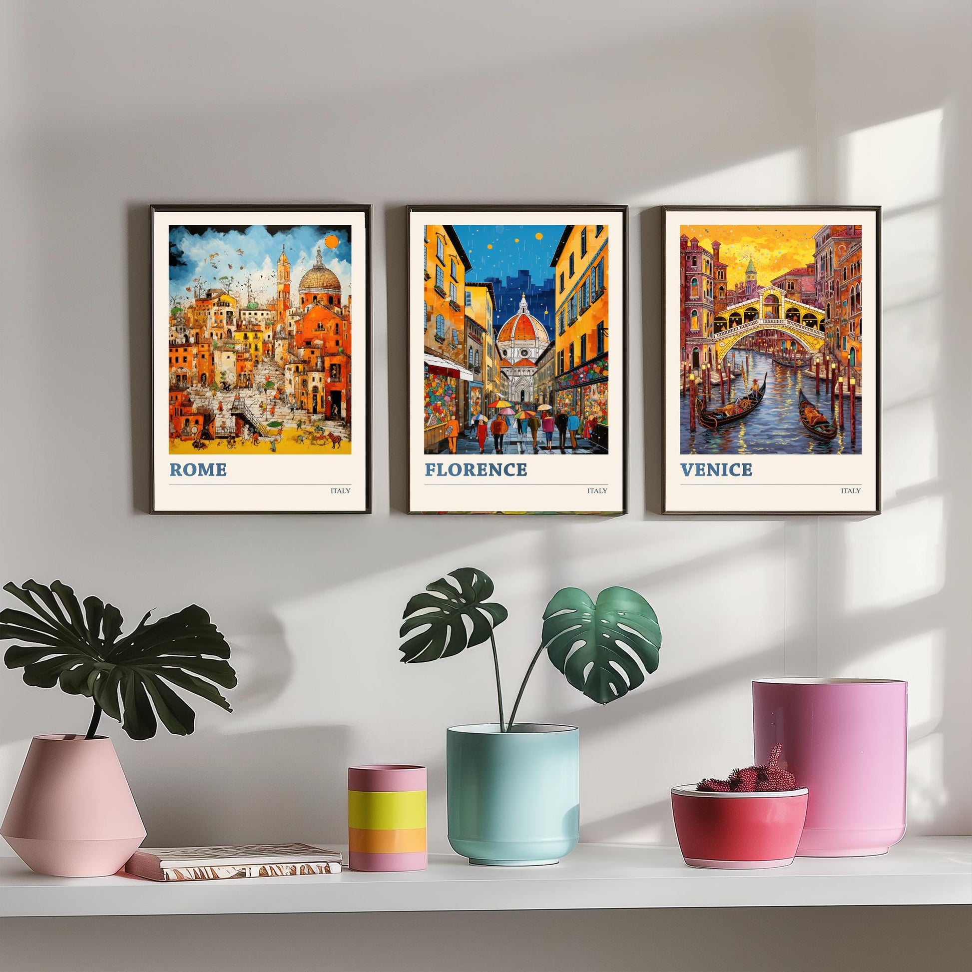 Italy Set of Three Travel Posters - Rome, Florence, Venice - Vibrant Art Print Painting Gift Italian Wall Art Cityscape