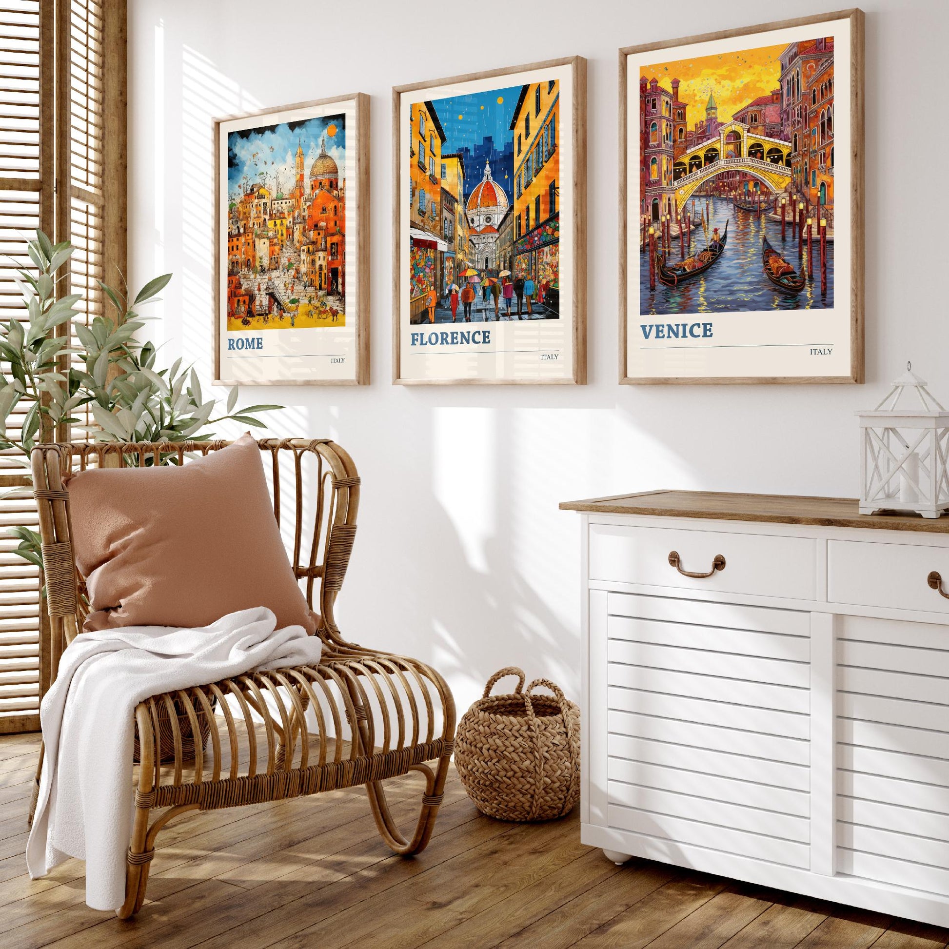 Italy Set of Three Travel Posters - Rome, Florence, Venice - Vibrant Art Print Painting Gift Italian Wall Art Cityscape