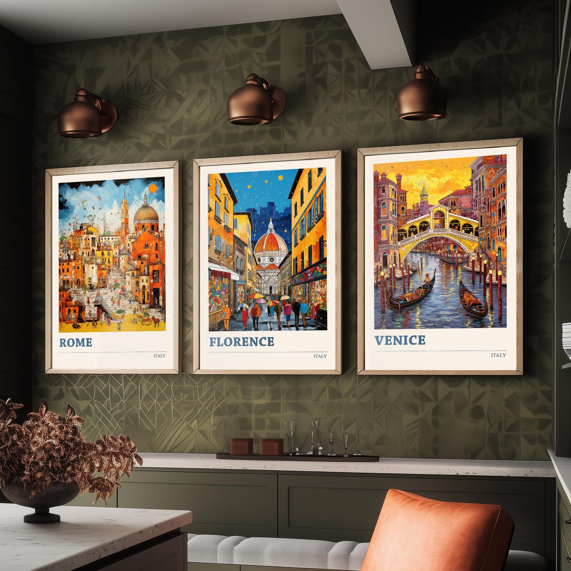 Italy Set of Three Travel Posters - Rome, Florence, Venice - Vibrant Art Print Painting Gift Italian Wall Art Cityscape