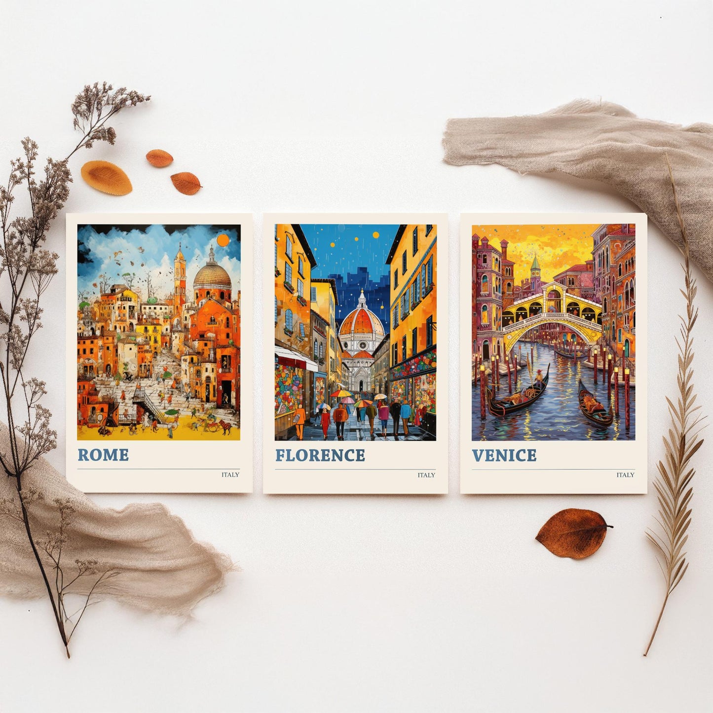 Italy Set of Three Travel Posters - Rome, Florence, Venice - Vibrant Art Print Painting Gift Italian Wall Art Cityscape