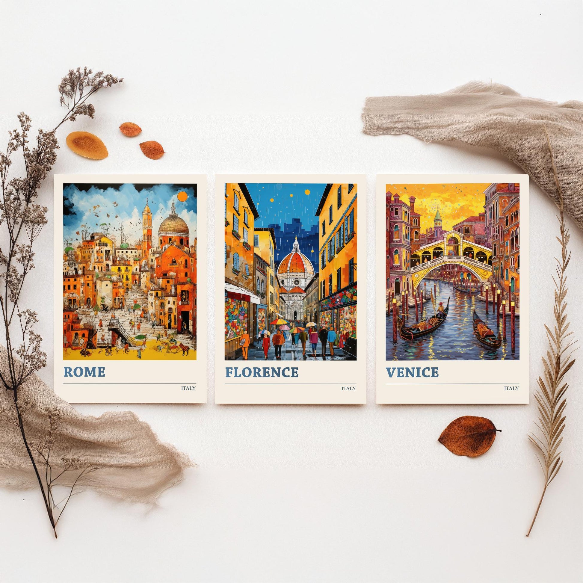 Italy Set of Three Travel Posters - Rome, Florence, Venice - Vibrant Art Print Painting Gift Italian Wall Art Cityscape