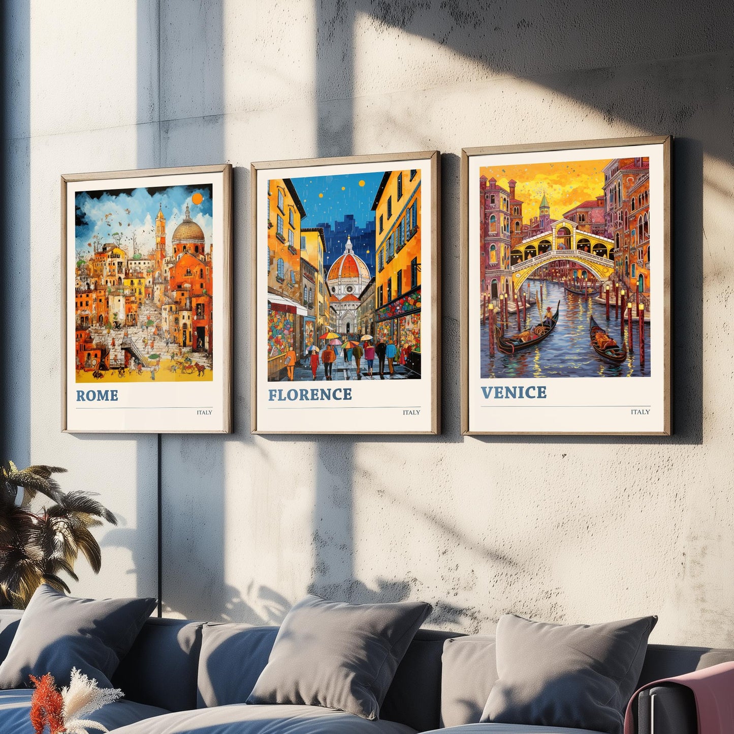 Italy Set of Three Travel Posters - Rome, Florence, Venice - Vibrant Art Print Painting Gift Italian Wall Art Cityscape