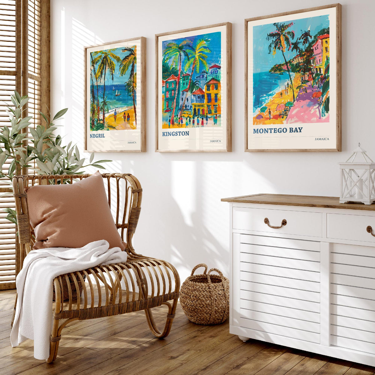 Jamaica Set of Three Prints - Negril Kingston Montego Bay - 3 Tropical Travel Posters - Caribbean Wall Art Gift Painting Beach Palm Decor