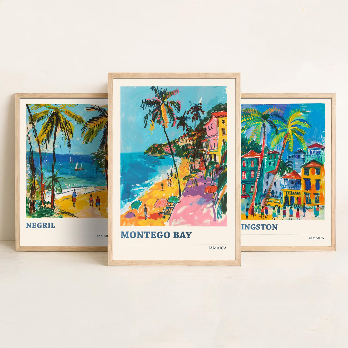 Jamaica Set of Three Prints - Negril Kingston Montego Bay - 3 Tropical Travel Posters - Caribbean Wall Art Gift Painting Beach Palm Decor
