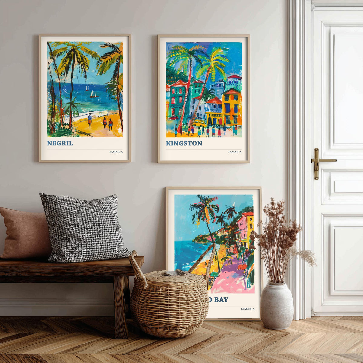 Jamaica Set of Three Prints - Negril Kingston Montego Bay - 3 Tropical Travel Posters - Caribbean Wall Art Gift Painting Beach Palm Decor
