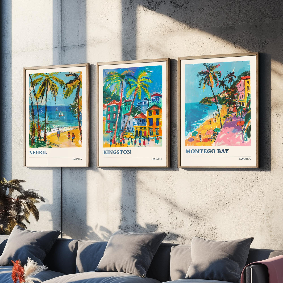 Jamaica Set of Three Prints - Negril Kingston Montego Bay - 3 Tropical Travel Posters - Caribbean Wall Art Gift Painting Beach Palm Decor