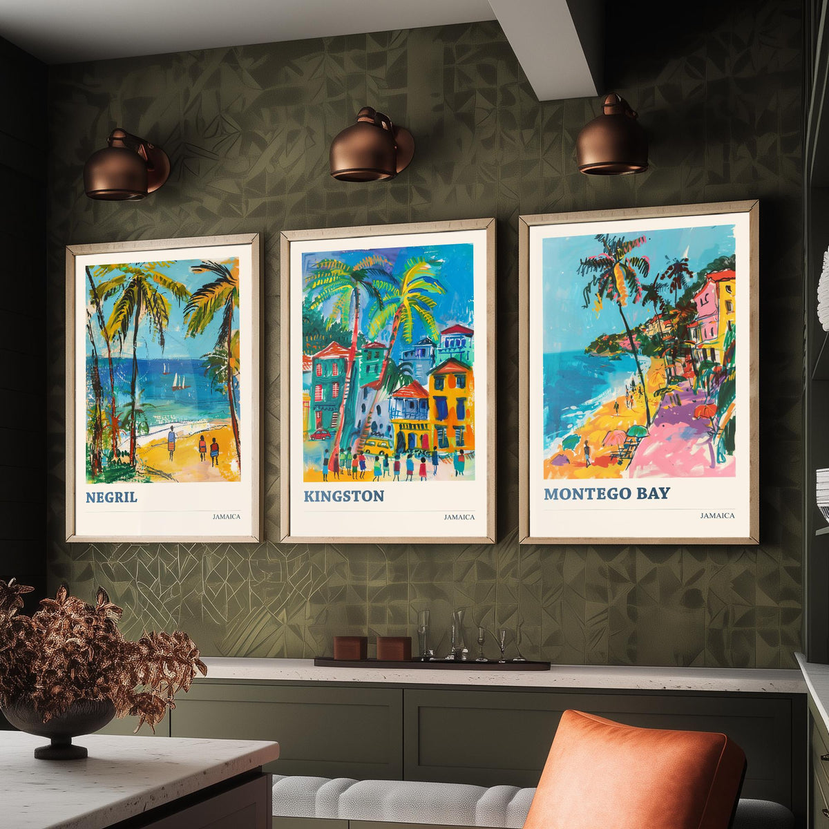 Jamaica Set of Three Prints - Negril Kingston Montego Bay - 3 Tropical Travel Posters - Caribbean Wall Art Gift Painting Beach Palm Decor