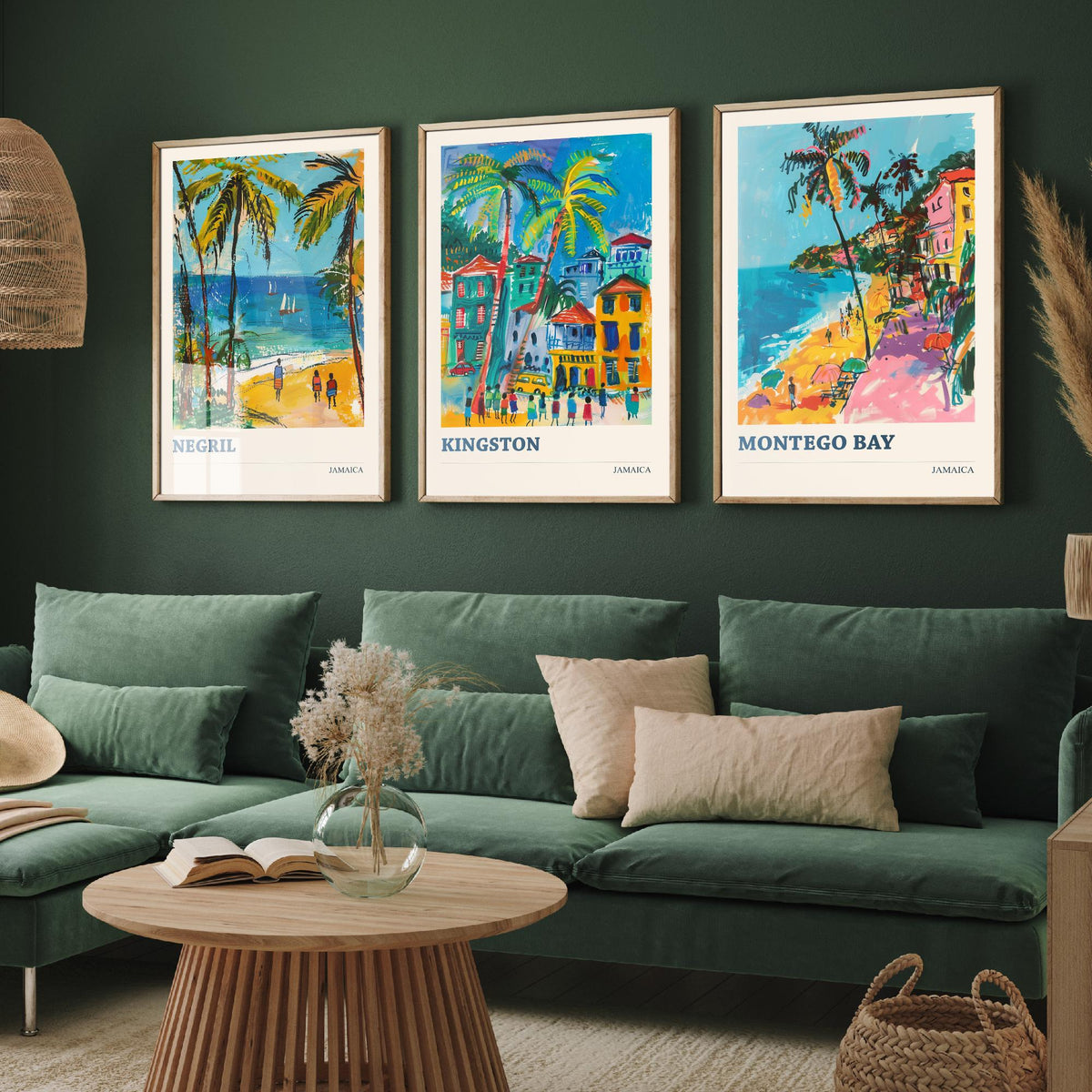 Jamaica Set of Three Prints - Negril Kingston Montego Bay - 3 Tropical Travel Posters - Caribbean Wall Art Gift Painting Beach Palm Decor