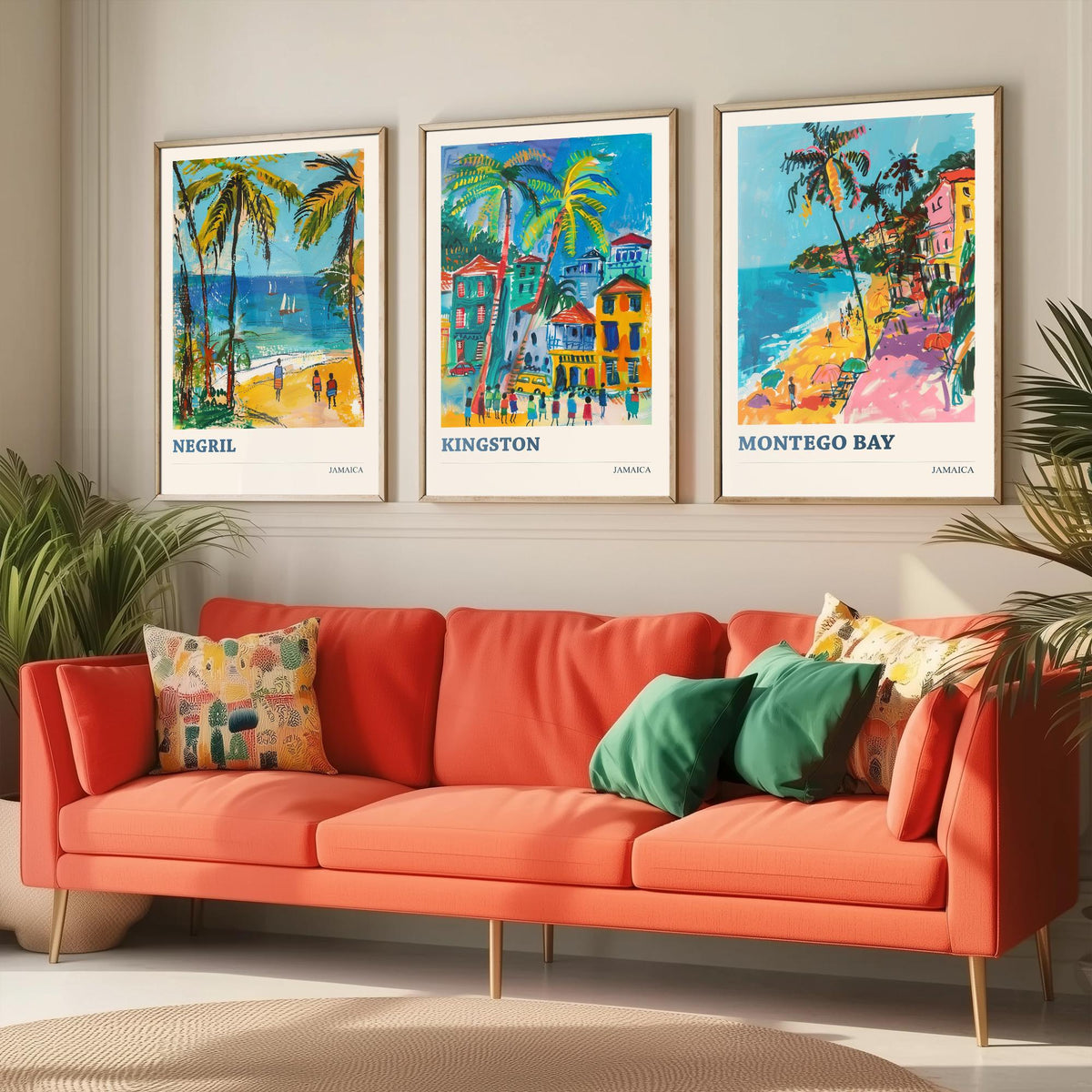 Jamaica Set of Three Prints - Negril Kingston Montego Bay - 3 Tropical Travel Posters - Caribbean Wall Art Gift Painting Beach Palm Decor