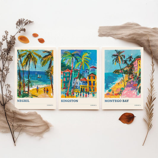 Jamaica Set of Three Prints - Negril Kingston Montego Bay - 3 Tropical Travel Posters - Caribbean Wall Art Gift Painting Beach Palm Decor