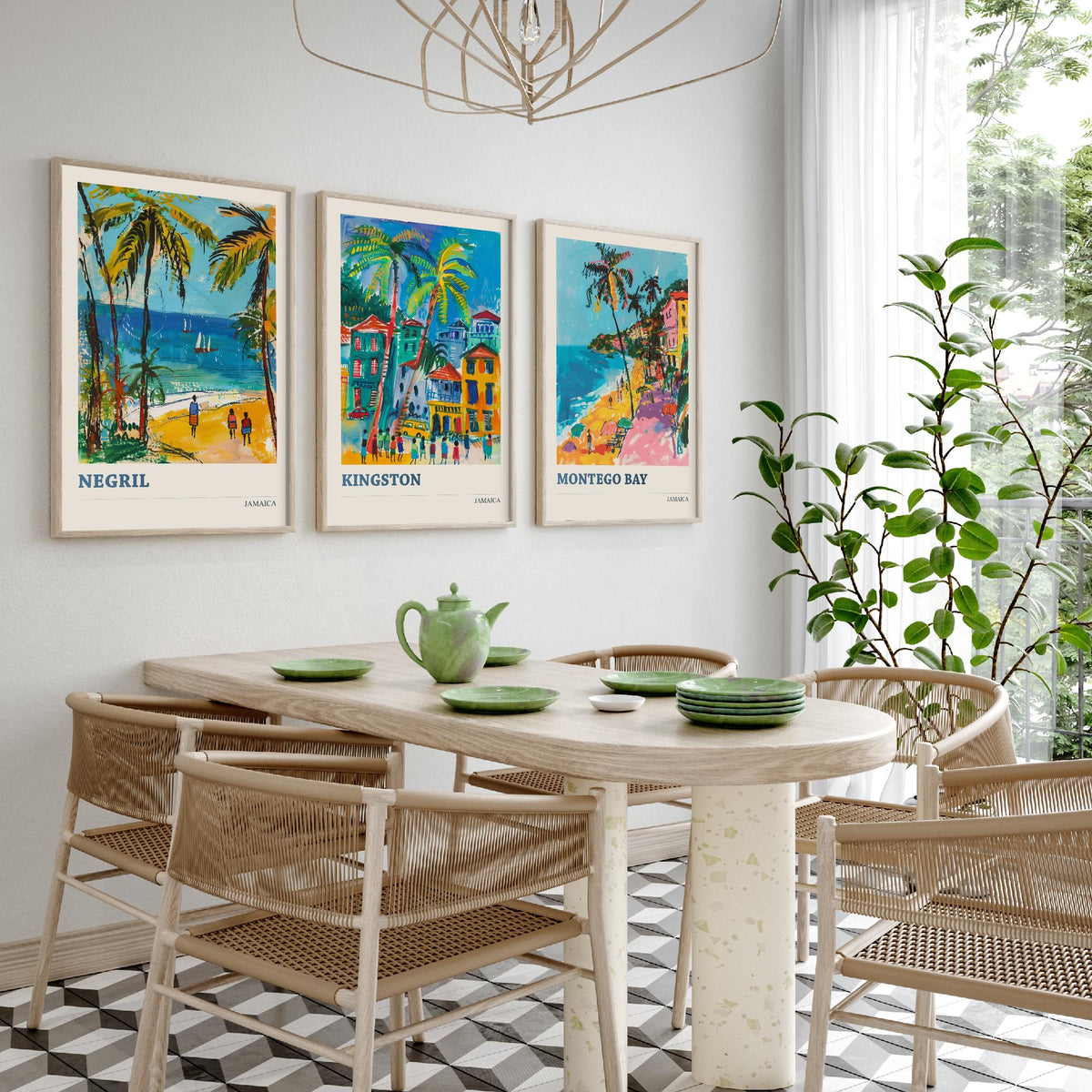 Jamaica Set of Three Prints - Negril Kingston Montego Bay - 3 Tropical Travel Posters - Caribbean Wall Art Gift Painting Beach Palm Decor