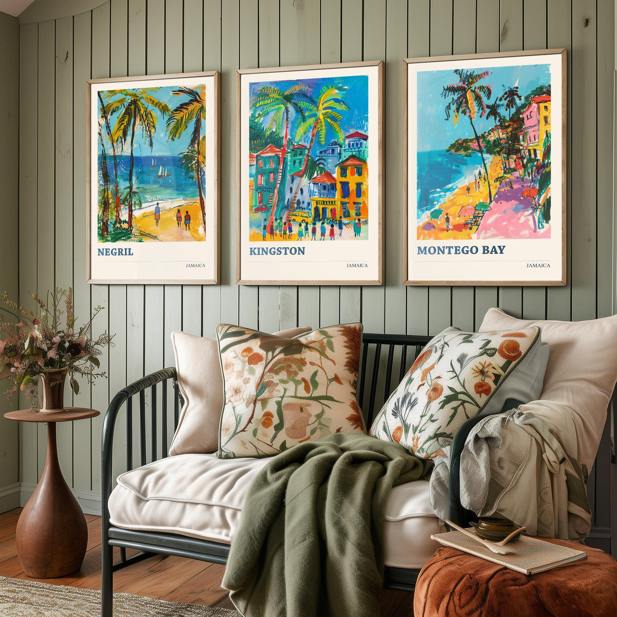 Jamaica Set of Three Prints - Negril Kingston Montego Bay - 3 Tropical Travel Posters - Caribbean Wall Art Gift Painting Beach Palm Decor