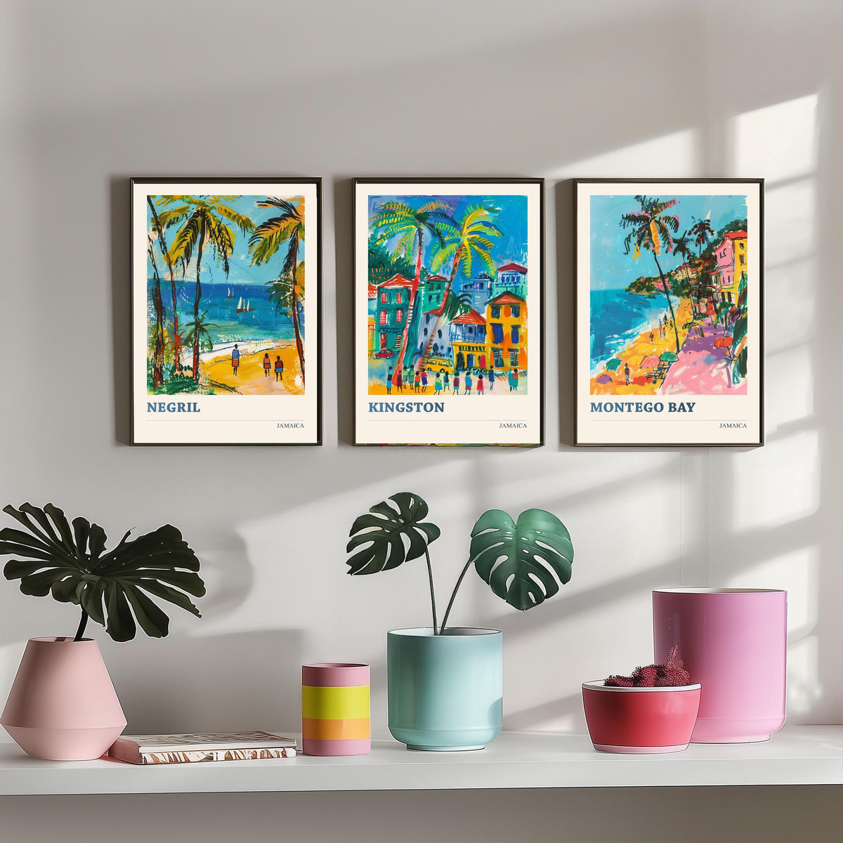 Jamaica Set of Three Prints - Negril Kingston Montego Bay - 3 Tropical Travel Posters - Caribbean Wall Art Gift Painting Beach Palm Decor