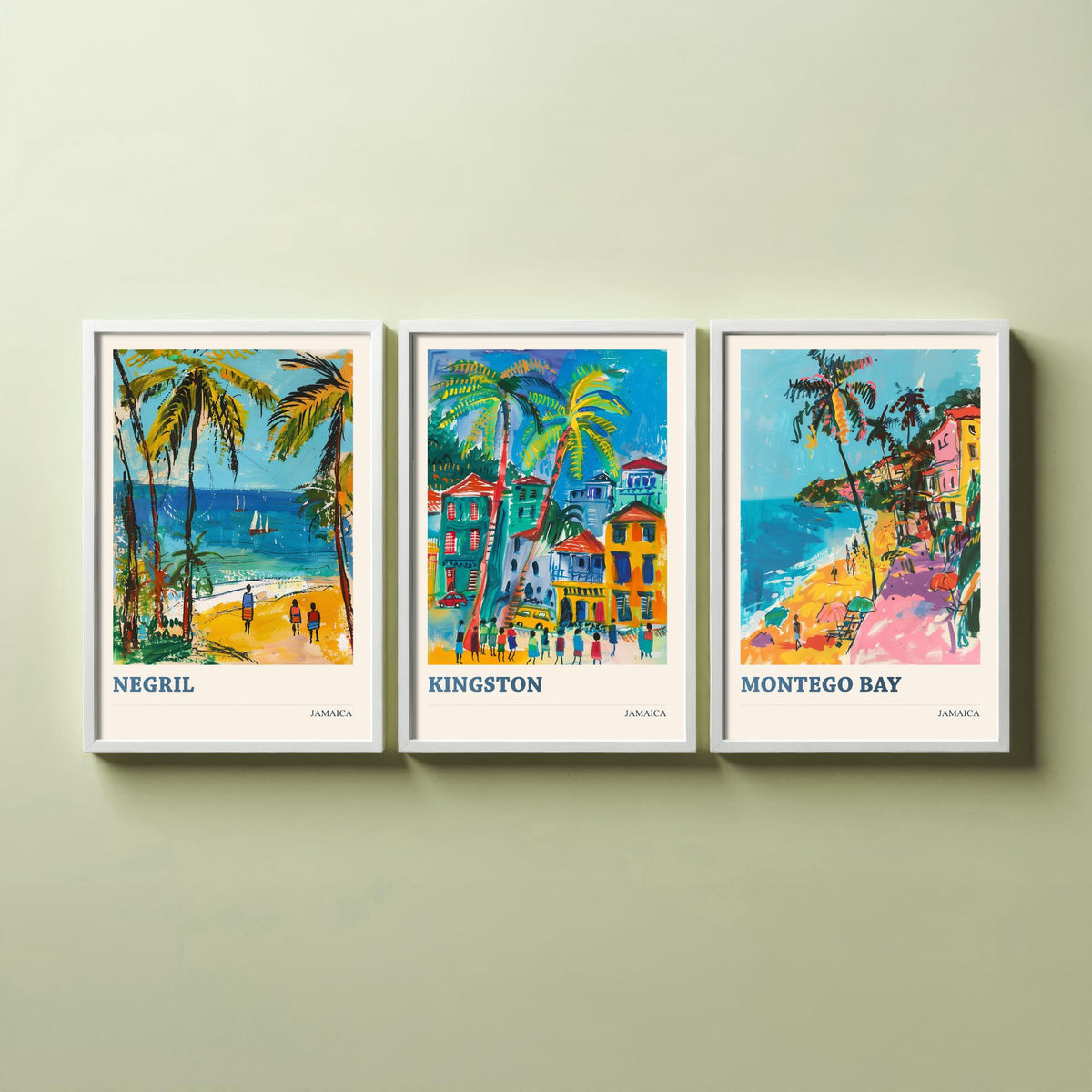 Jamaica Set of Three Prints - Negril Kingston Montego Bay - 3 Tropical Travel Posters - Caribbean Wall Art Gift Painting Beach Palm Decor