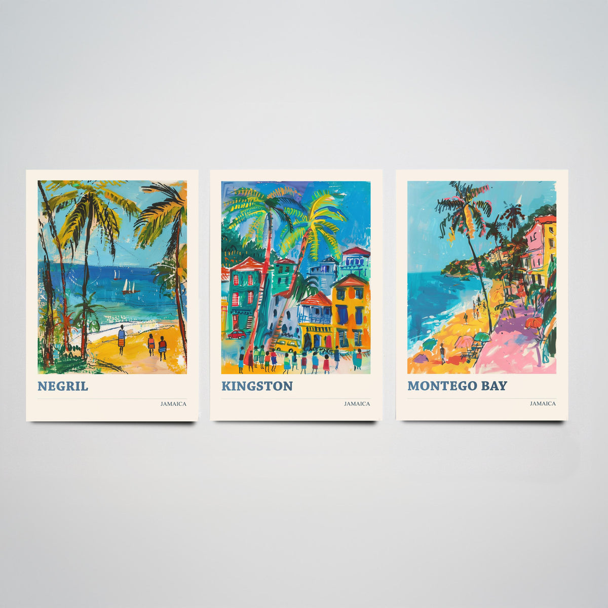 Jamaica Set of Three Prints - Negril Kingston Montego Bay - 3 Tropical Travel Posters - Caribbean Wall Art Gift Painting Beach Palm Decor