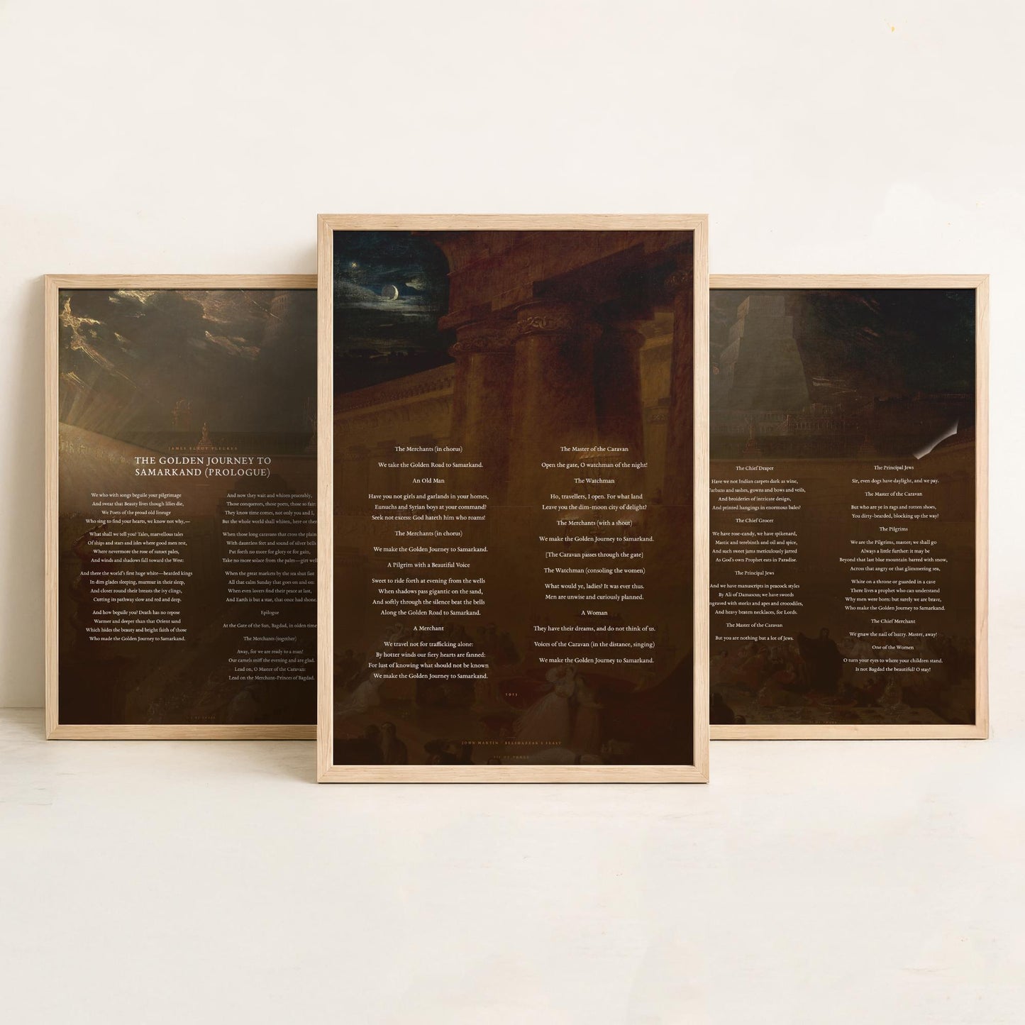 The Golden Journey to Samarkand by James Elroy Flecker Set of Three Art Prints - Poem over John Martin Painting - Poetry Poster Triptych