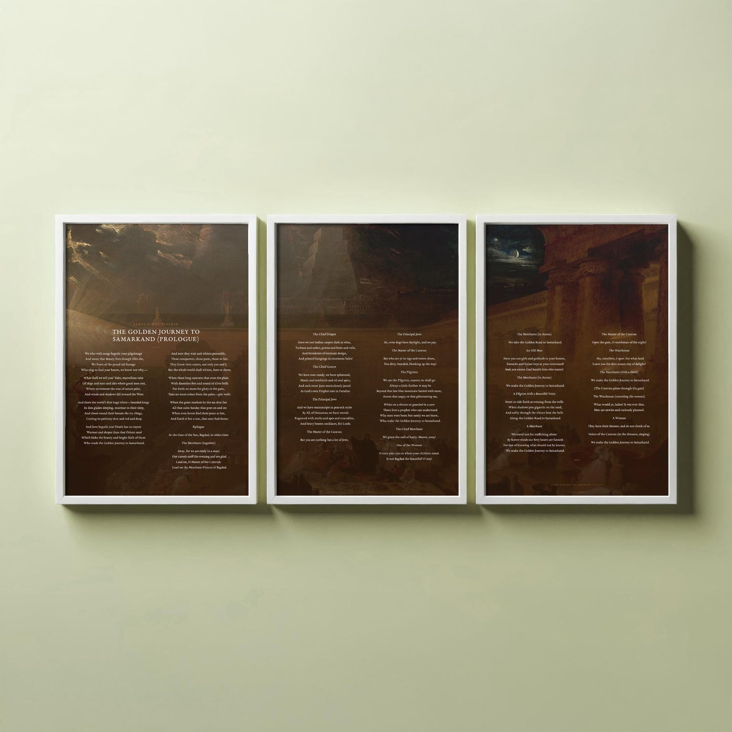 The Golden Journey to Samarkand by James Elroy Flecker Set of Three Art Prints - Poem over John Martin Painting - Poetry Poster Triptych