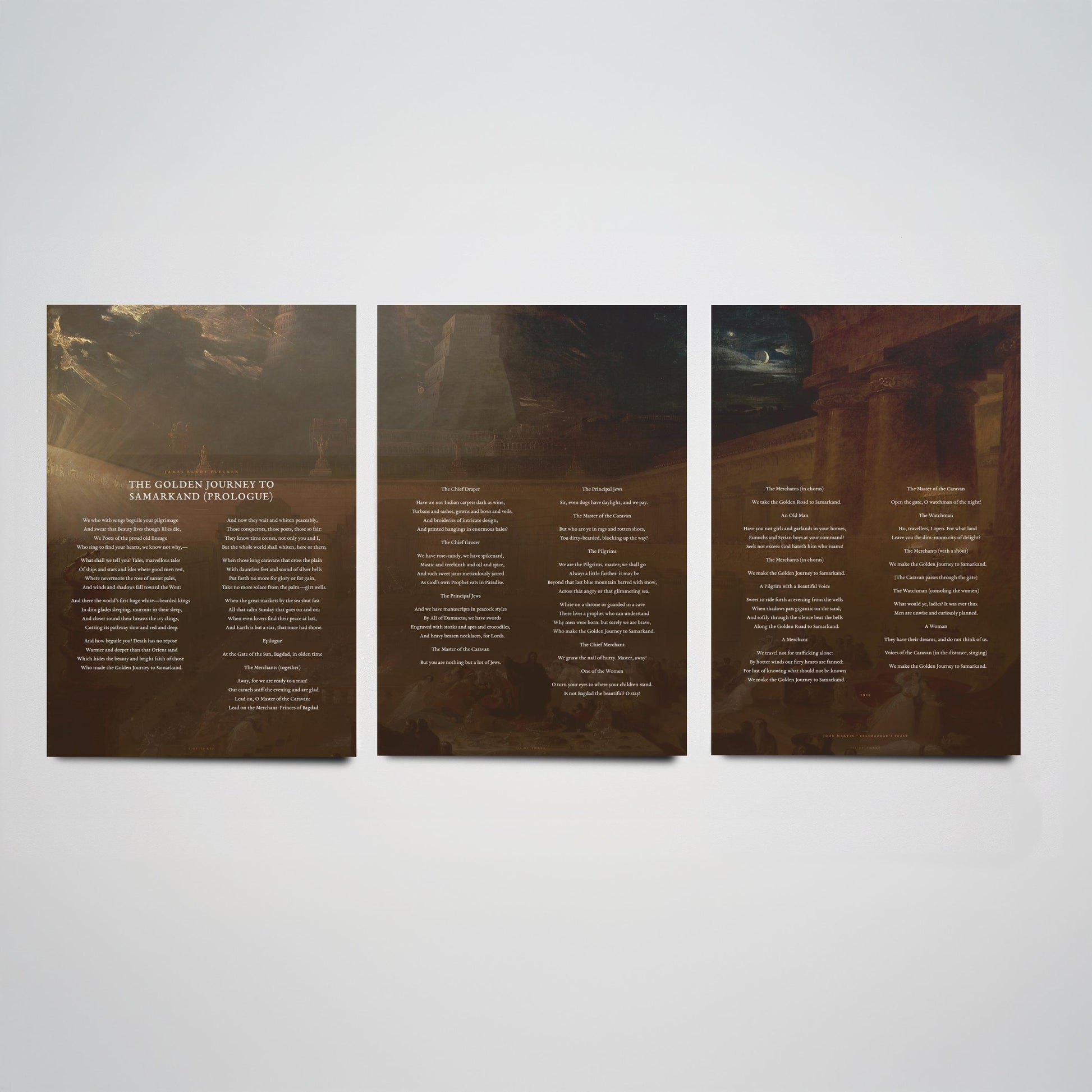 The Golden Journey to Samarkand by James Elroy Flecker Set of Three Art Prints - Poem over John Martin Painting - Poetry Poster Triptych