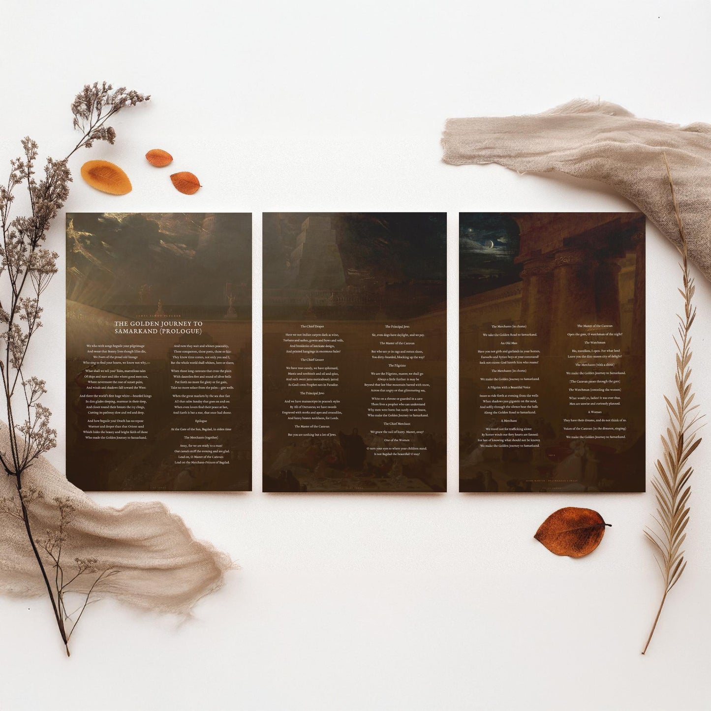 The Golden Journey to Samarkand by James Elroy Flecker Set of Three Art Prints - Poem over John Martin Painting - Poetry Poster Triptych