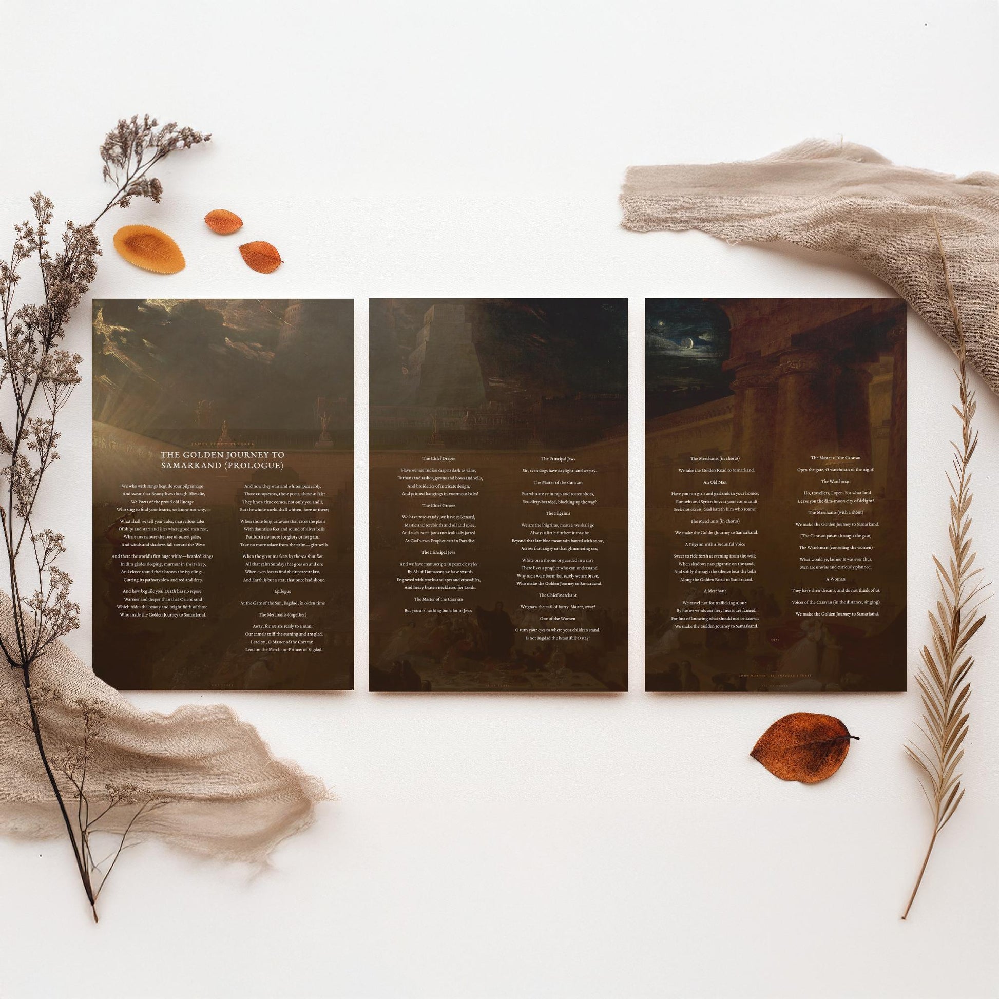 The Golden Journey to Samarkand by James Elroy Flecker Set of Three Art Prints - Poem over John Martin Painting - Poetry Poster Triptych