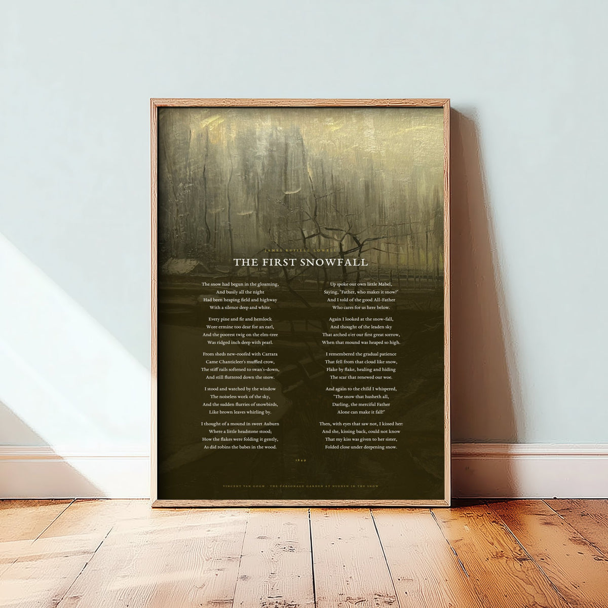 The First Snowfall by James Russell Lowell Art Print - Full Poem over Van Gogh Parsonage Garden in the Snow Painting - Poetry Poster