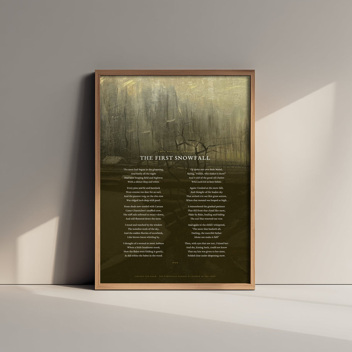 The First Snowfall by James Russell Lowell Art Print - Full Poem over Van Gogh Parsonage Garden in the Snow Painting - Poetry Poster