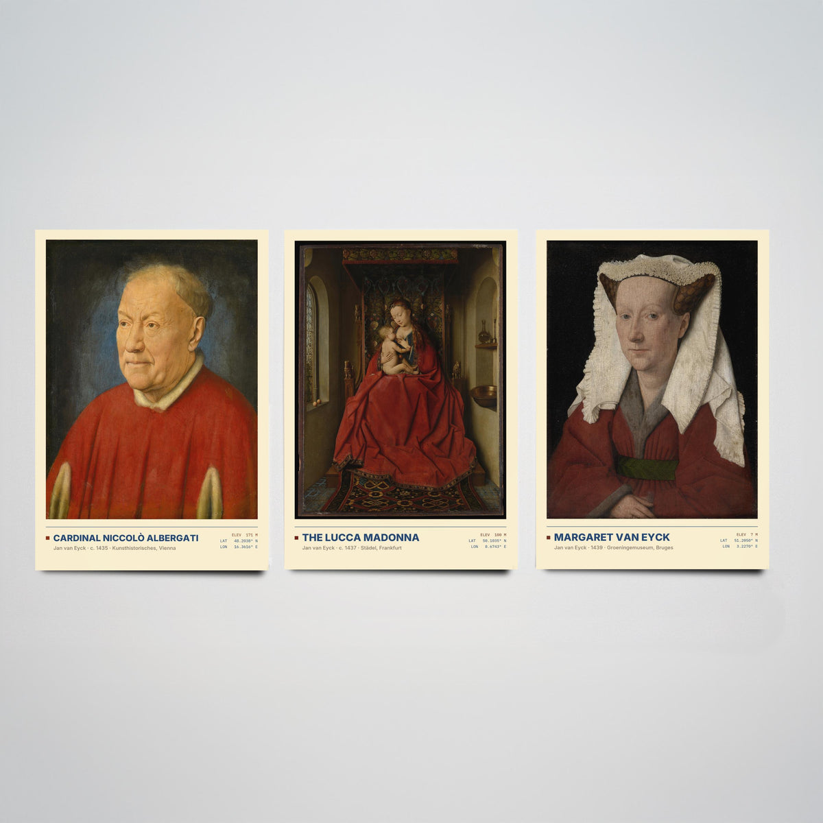 Jan van Eyck Set of Three Art Prints - Cardinal Albergati, The Lucca Madonna, Margaret van Eyck - Early Netherlandish Paintings Posters