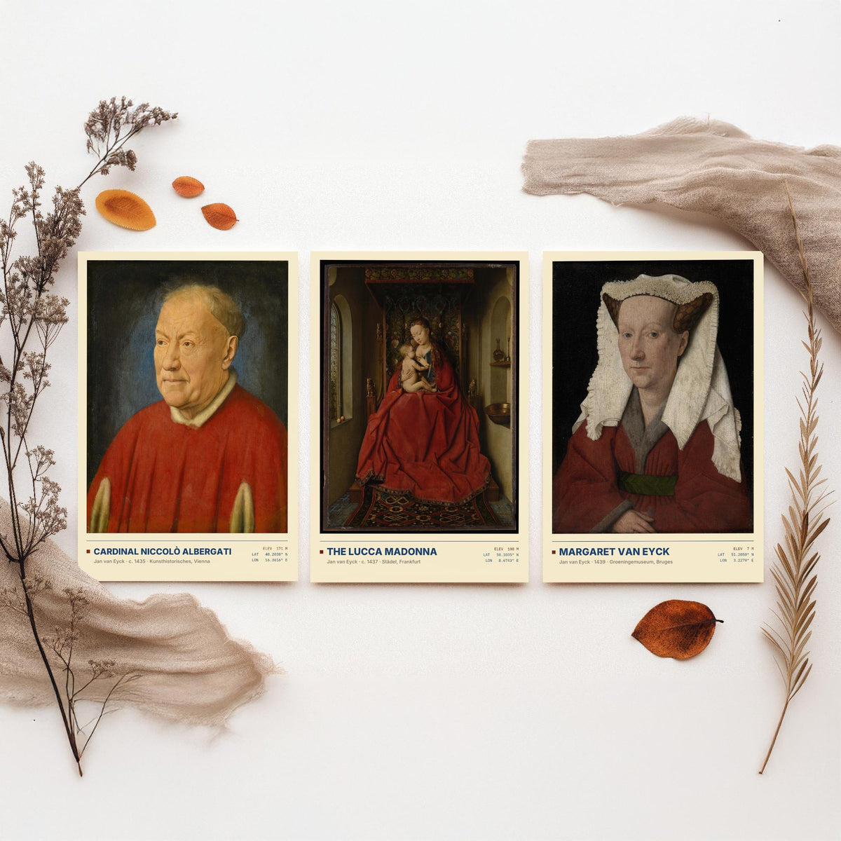 Jan van Eyck Set of Three Art Prints - Cardinal Albergati, The Lucca Madonna, Margaret van Eyck - Early Netherlandish Paintings Posters