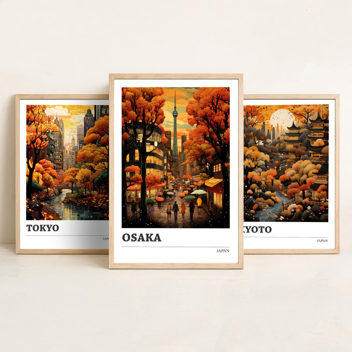 Japan Autumn Travel Posters Set of Three Art Prints - Tokyo, Kyoto, Osaka - Retro Illustration
