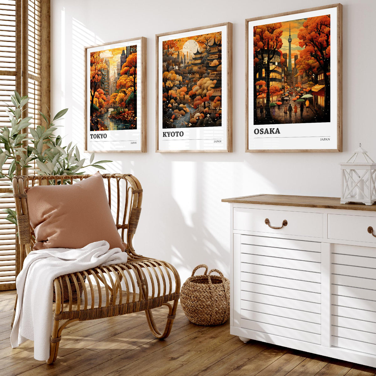 Japan Autumn Travel Posters Set of Three Art Prints - Tokyo, Kyoto, Osaka - Retro Illustration