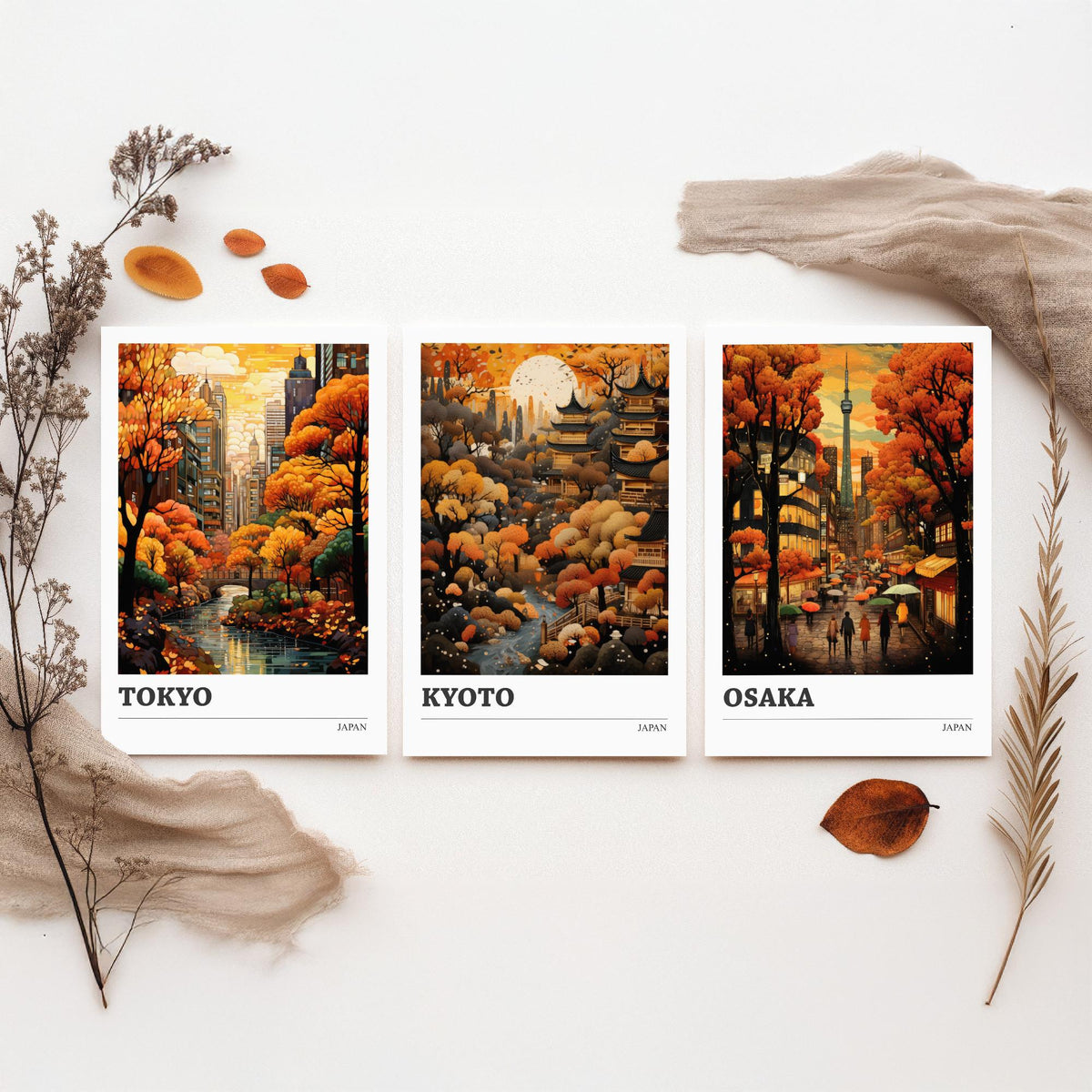 Japan Autumn Travel Posters Set of Three Art Prints - Tokyo, Kyoto, Osaka - Retro Illustration
