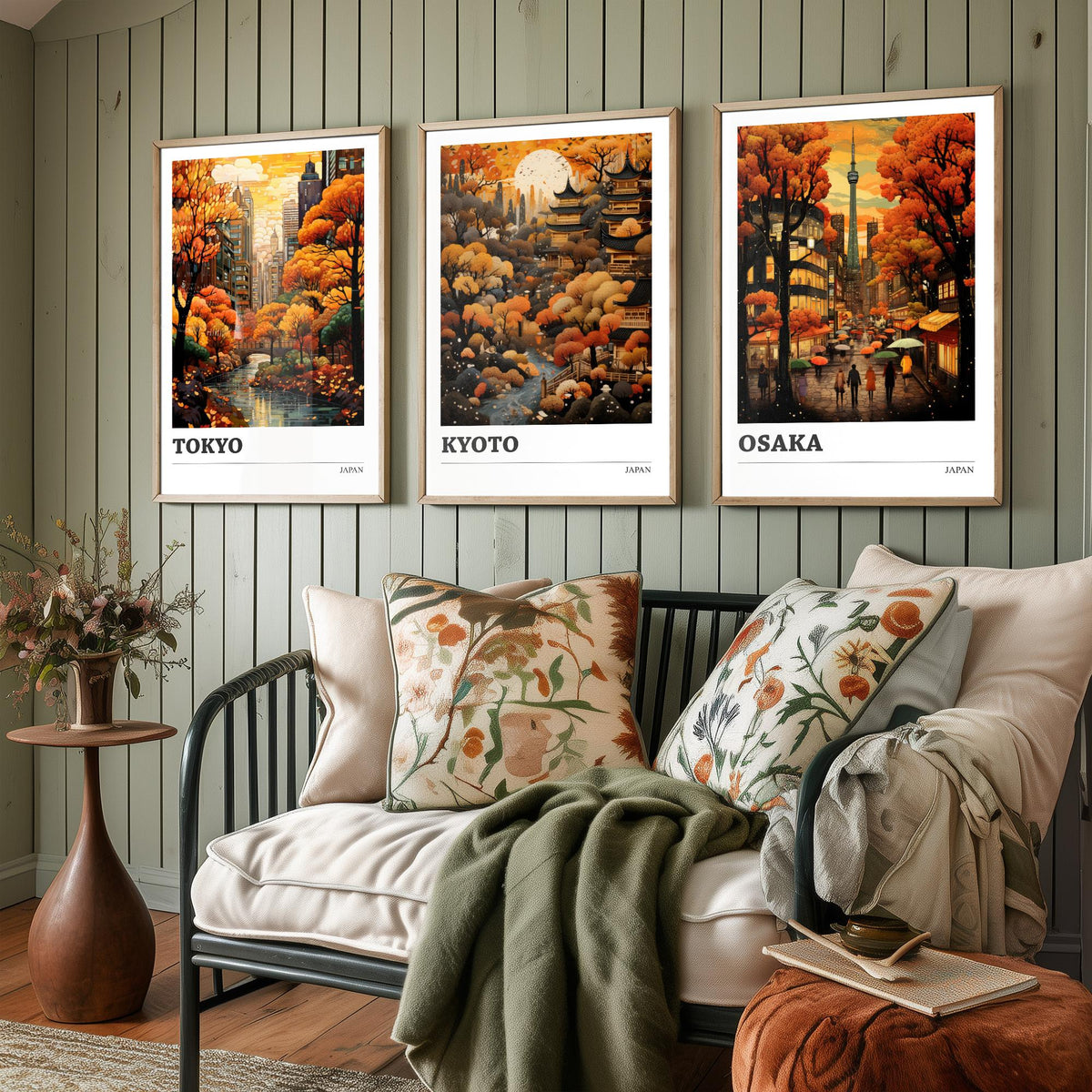 Japan Autumn Travel Posters Set of Three Art Prints - Tokyo, Kyoto, Osaka - Retro Illustration