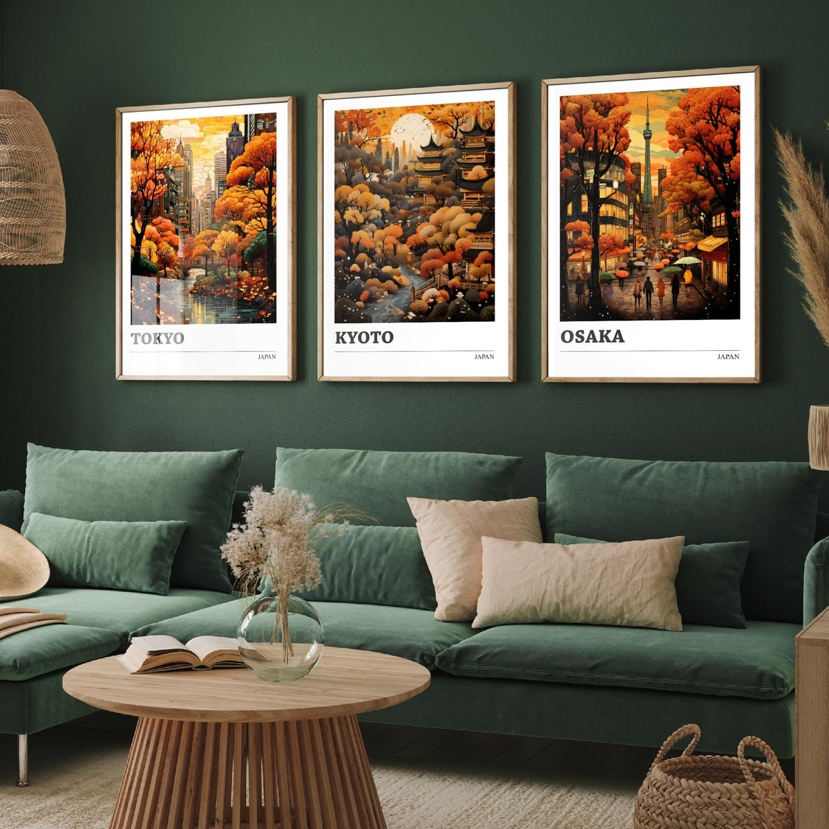 Japan Autumn Travel Posters Set of Three Art Prints - Tokyo, Kyoto, Osaka - Retro Illustration