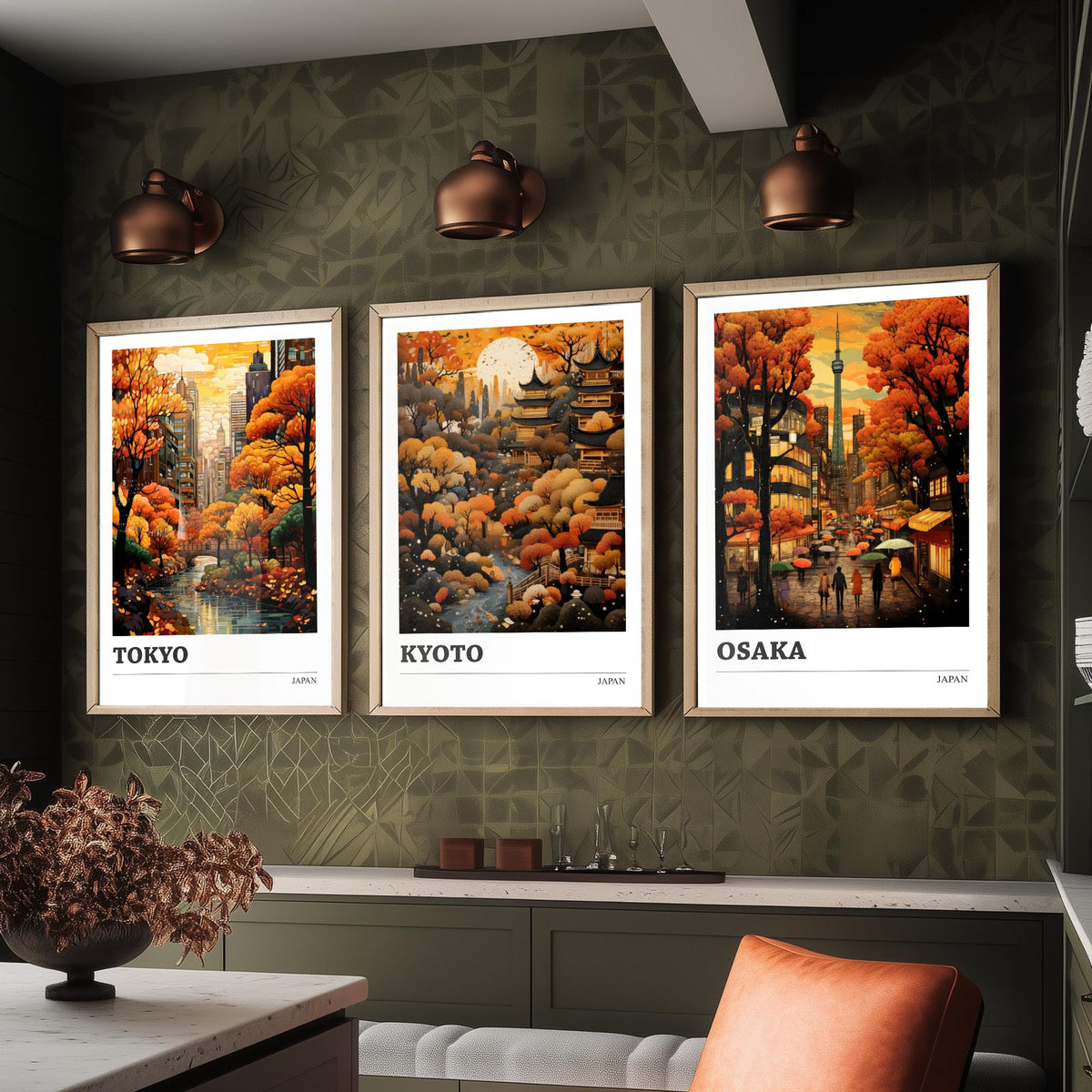 Japan Autumn Travel Posters Set of Three Art Prints - Tokyo, Kyoto, Osaka - Retro Illustration