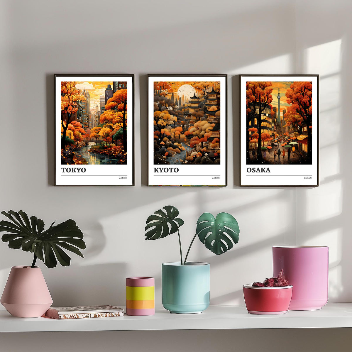 Japan Autumn Travel Posters Set of Three Art Prints - Tokyo, Kyoto, Osaka - Retro Illustration