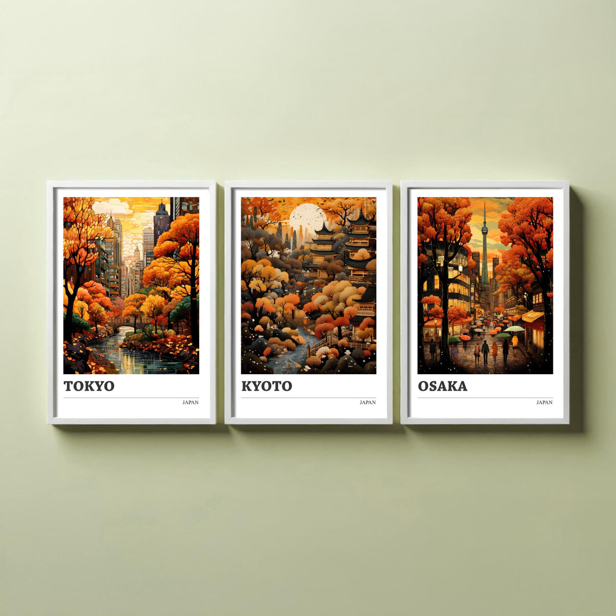 Japan Autumn Travel Posters Set of Three Art Prints - Tokyo, Kyoto, Osaka - Retro Illustration