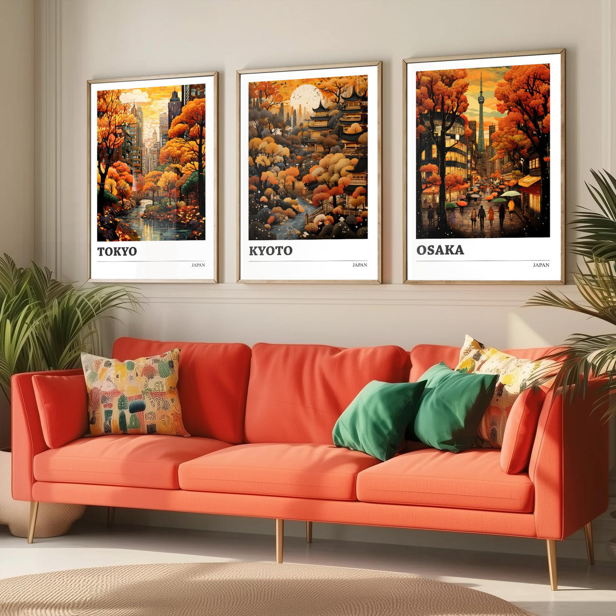 Japan Autumn Travel Posters Set of Three Art Prints - Tokyo, Kyoto, Osaka - Retro Illustration