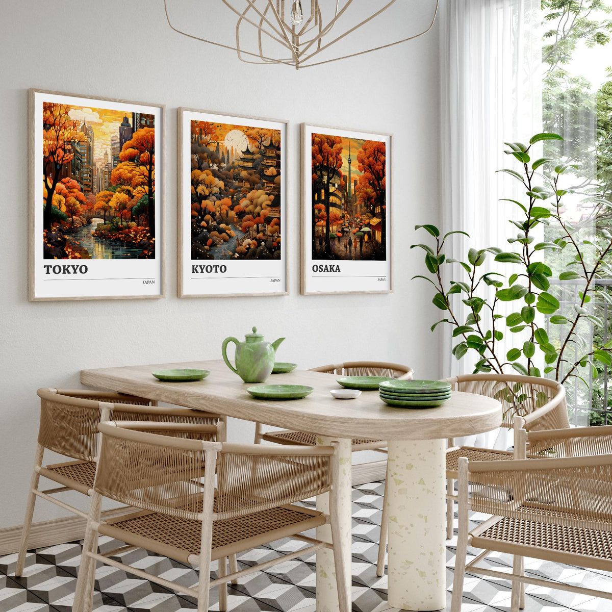 Japan Autumn Travel Posters Set of Three Art Prints - Tokyo, Kyoto, Osaka - Retro Illustration