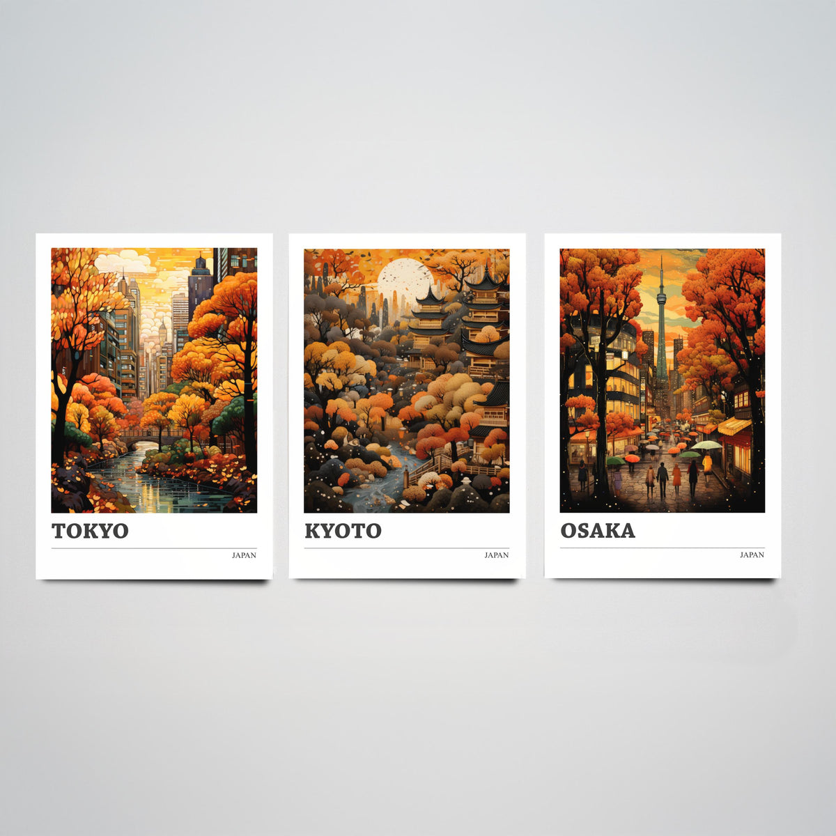 Japan Autumn Travel Posters Set of Three Art Prints - Tokyo, Kyoto, Osaka - Retro Illustration