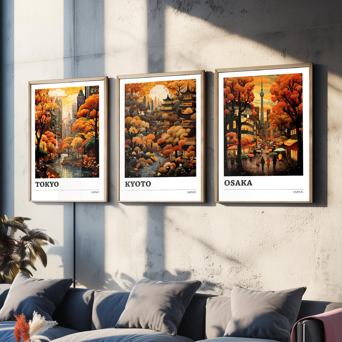 Japan Autumn Travel Posters Set of Three Art Prints - Tokyo, Kyoto, Osaka - Retro Illustration
