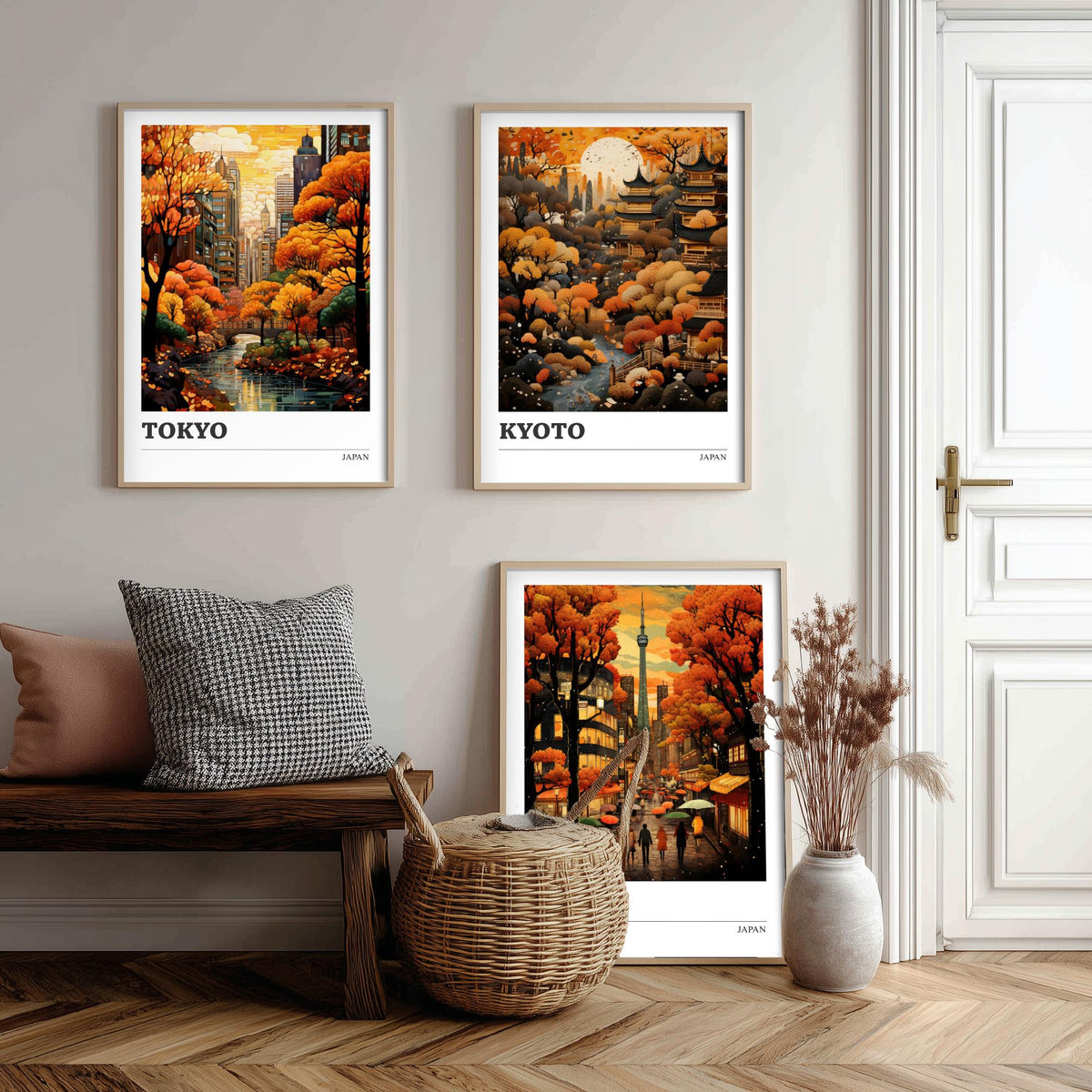 Japan Autumn Travel Posters Set of Three Art Prints - Tokyo, Kyoto, Osaka - Retro Illustration