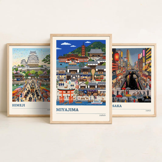 Japan Set of Three Art Prints - Himeji, Osaka, Miyajima - 3 Colourful Folk Illustration Travel Posters - Japanese Painting