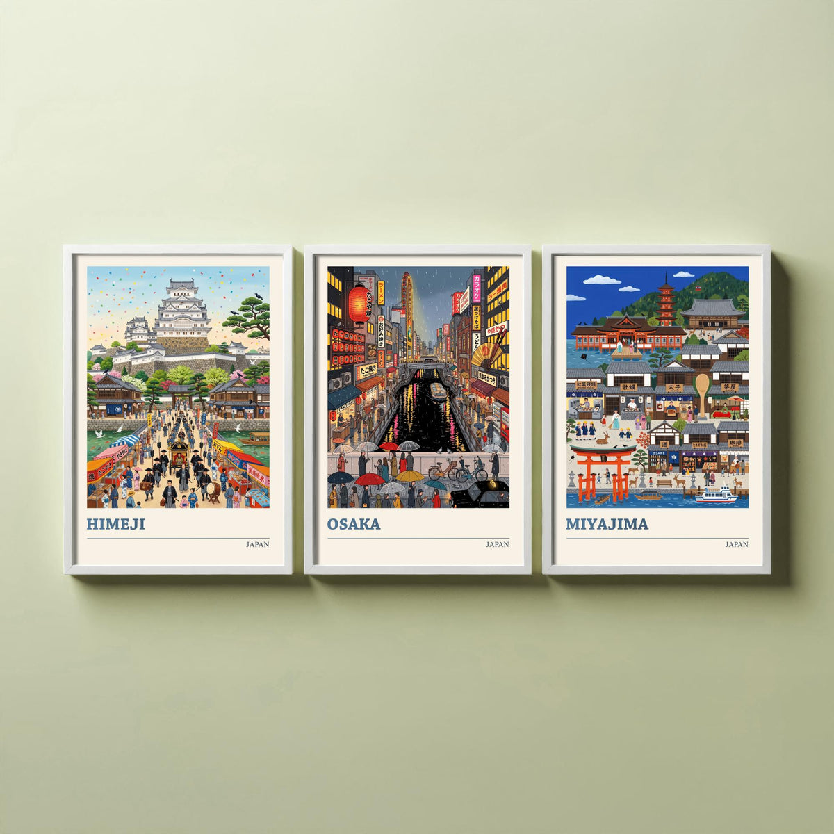 Japan Set of Three Art Prints - Himeji, Osaka, Miyajima - 3 Colourful Folk Illustration Travel Posters - Japanese Painting