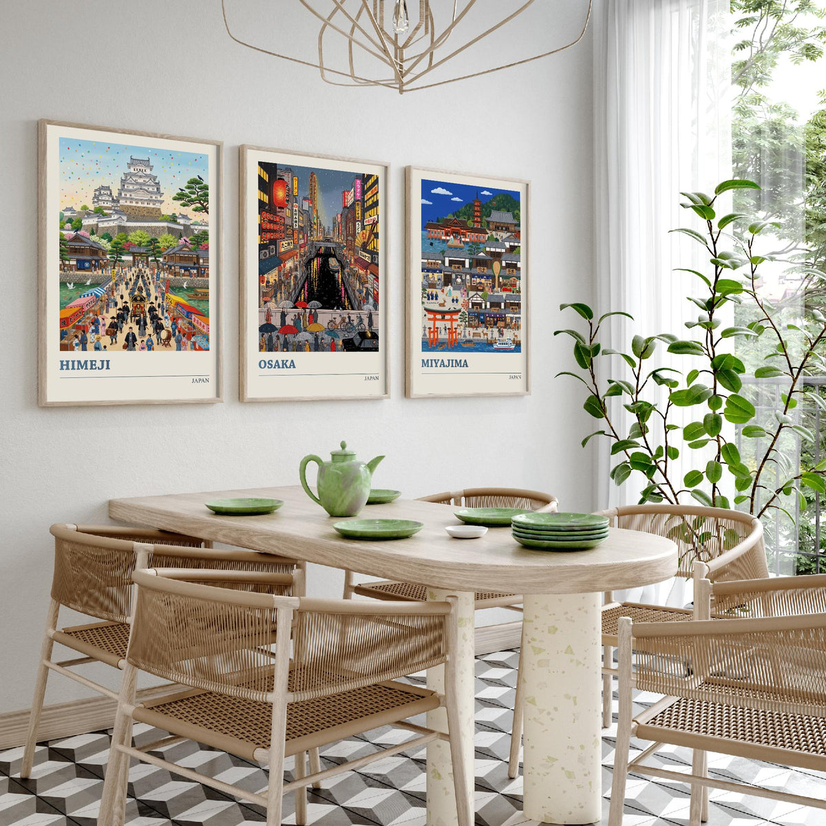 Japan Set of Three Art Prints - Himeji, Osaka, Miyajima - 3 Colourful Folk Illustration Travel Posters - Japanese Painting