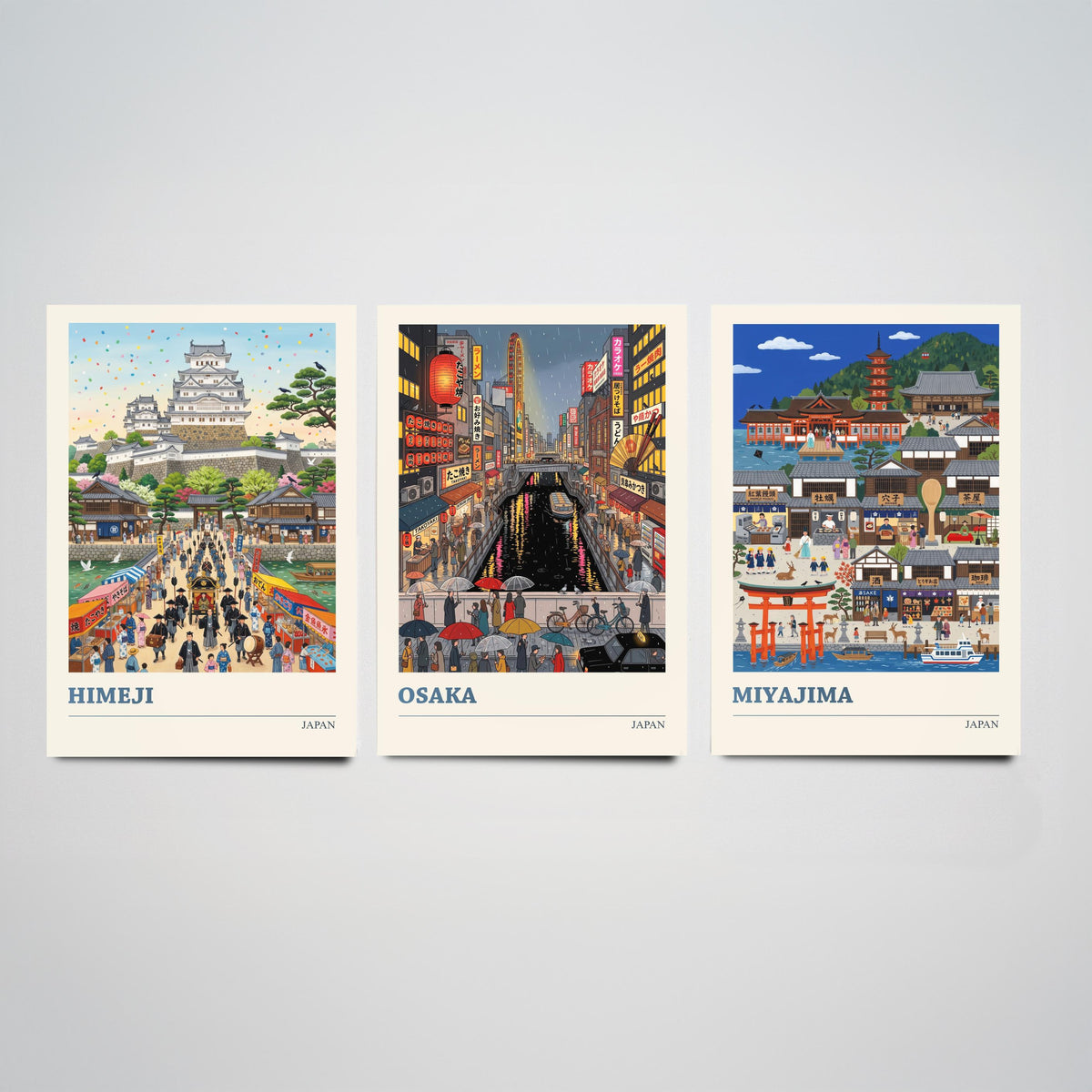Japan Set of Three Art Prints - Himeji, Osaka, Miyajima - 3 Colourful Folk Illustration Travel Posters - Japanese Painting
