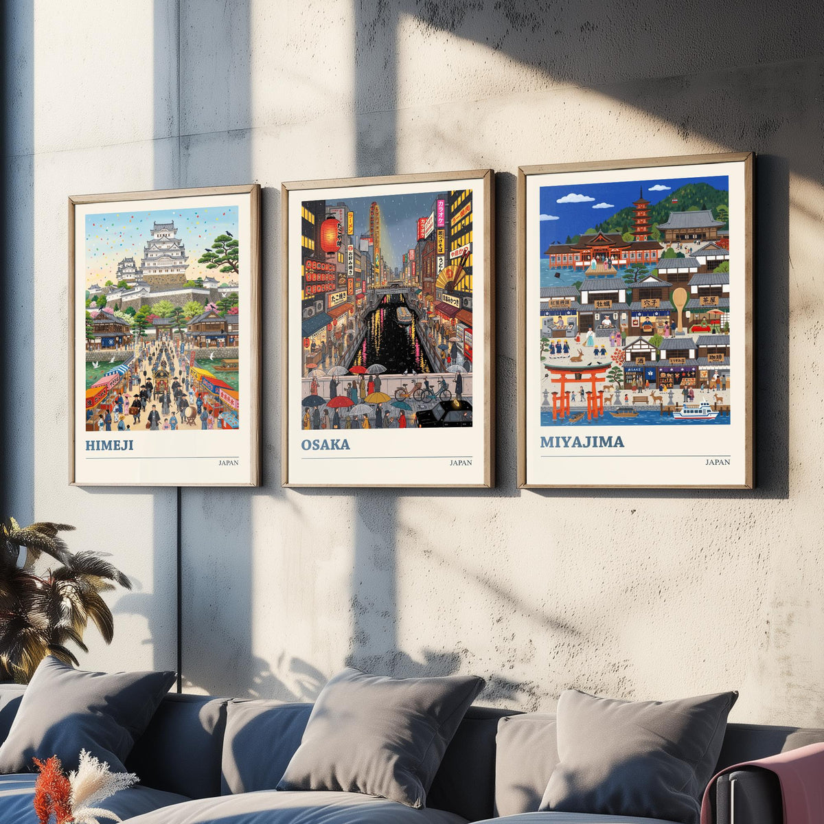 Japan Set of Three Art Prints - Himeji, Osaka, Miyajima - 3 Colourful Folk Illustration Travel Posters - Japanese Painting