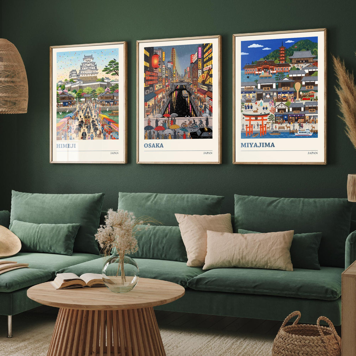 Japan Set of Three Art Prints - Himeji, Osaka, Miyajima - 3 Colourful Folk Illustration Travel Posters - Japanese Painting
