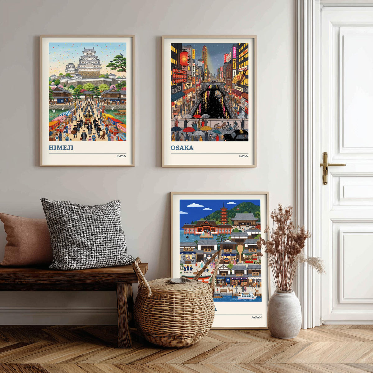Japan Set of Three Art Prints - Himeji, Osaka, Miyajima - 3 Colourful Folk Illustration Travel Posters - Japanese Painting